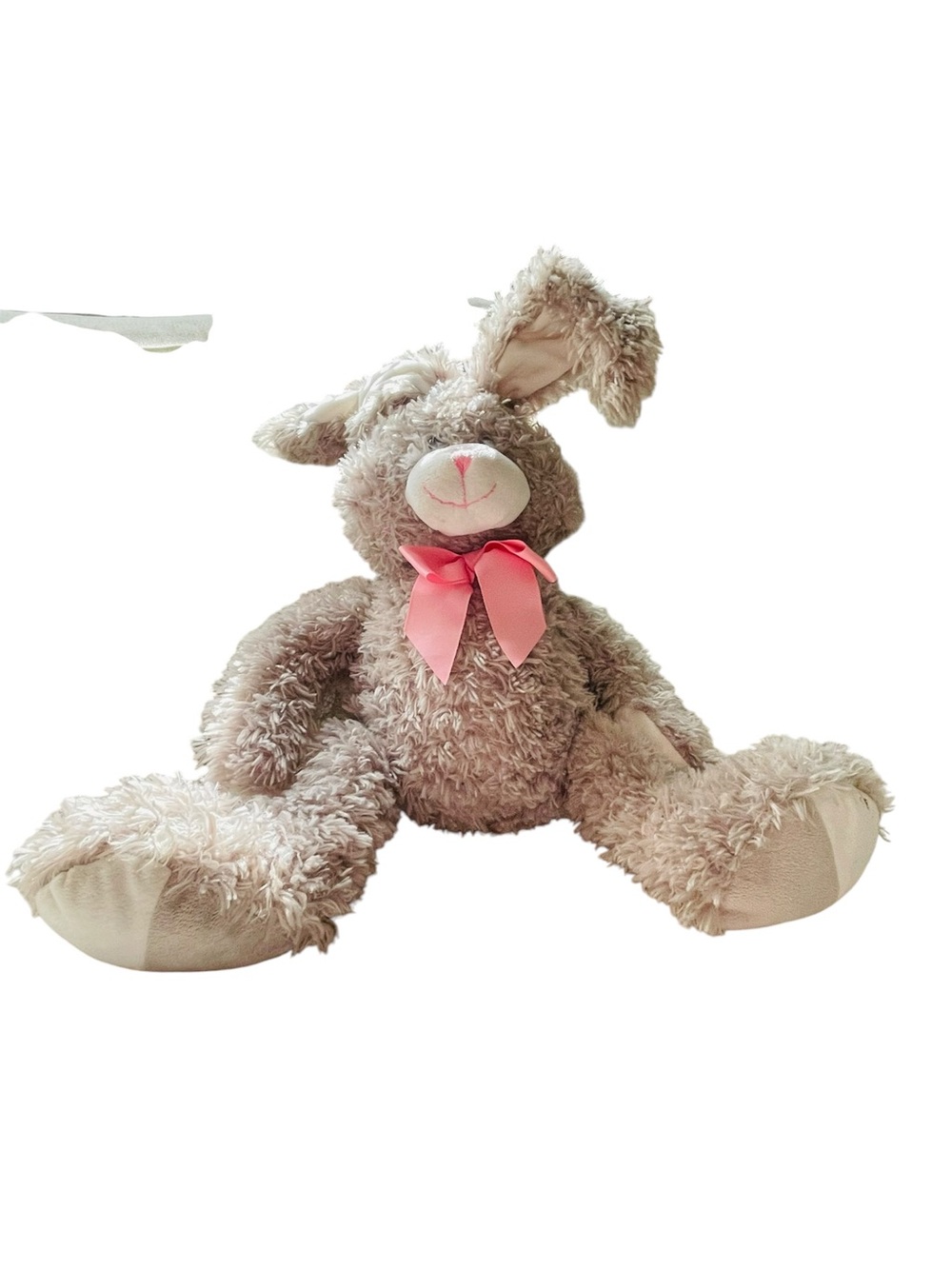 Plush Beige Bunny with Pink Bow - Soft Snuggly Stuffed Toy